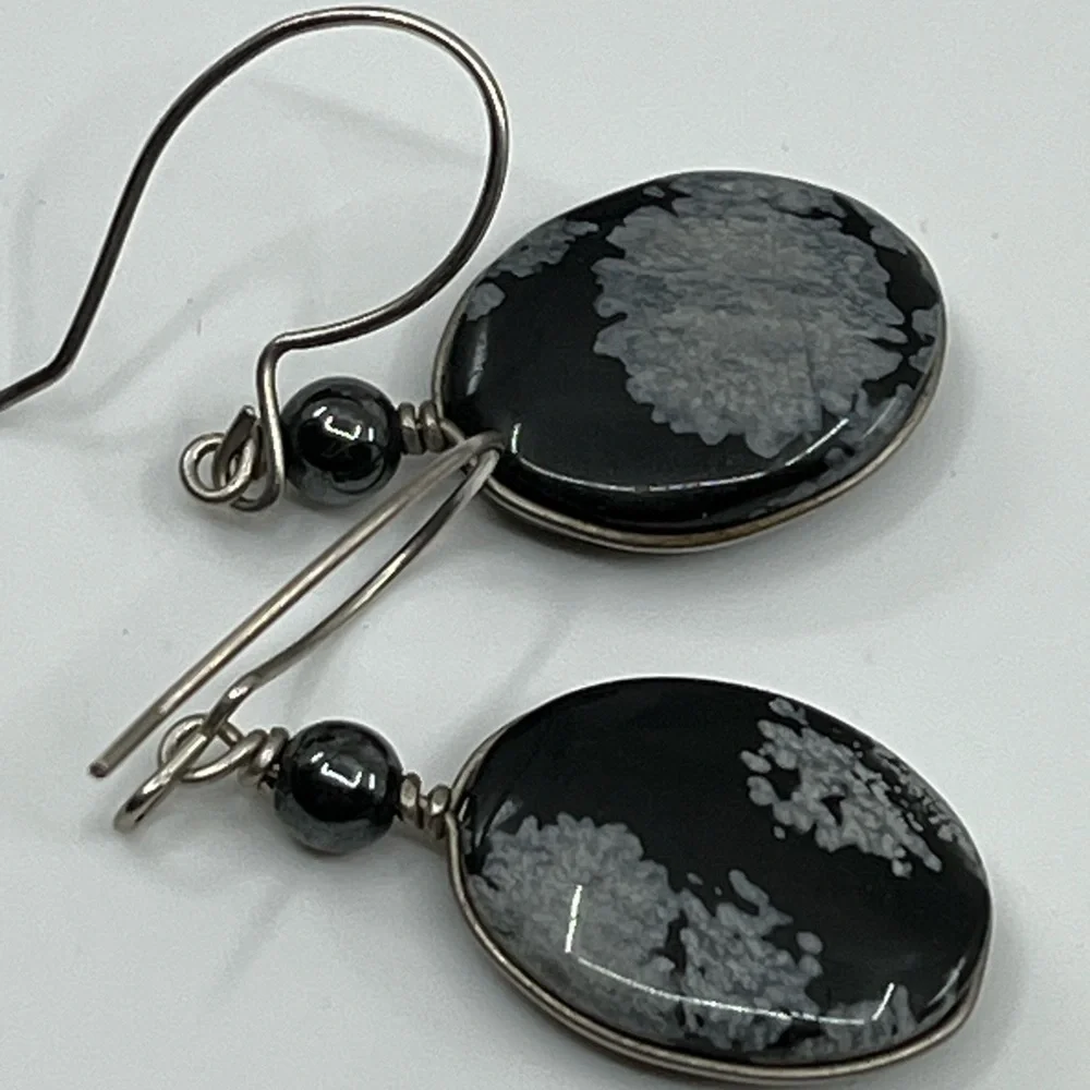Handmade Vintage 1990's Snowflake Obsidian & Black Pearl Earrings - Picture 9 of 16